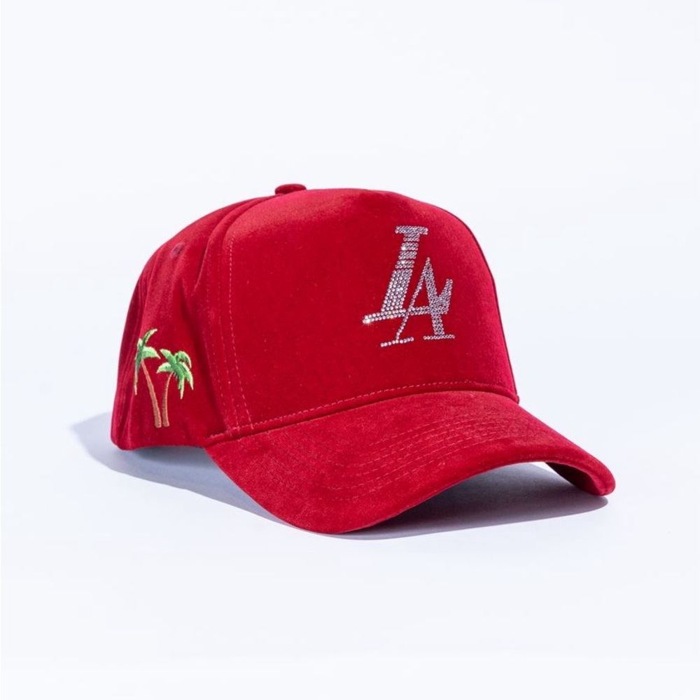 Reference Paradise LA Red Velour Hat with Diamond logo and Embroidered Designs